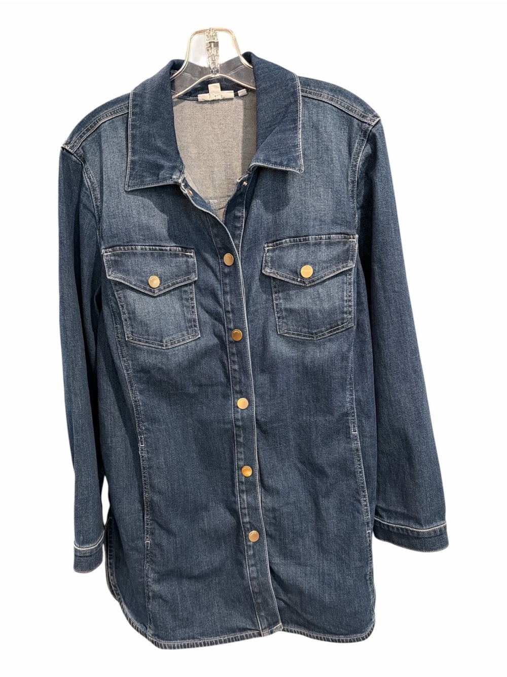 Chico’s size 3 Denim Shacket XL Stretch Longline Snap Front Side Vent Pockets - Picture 2 of 9